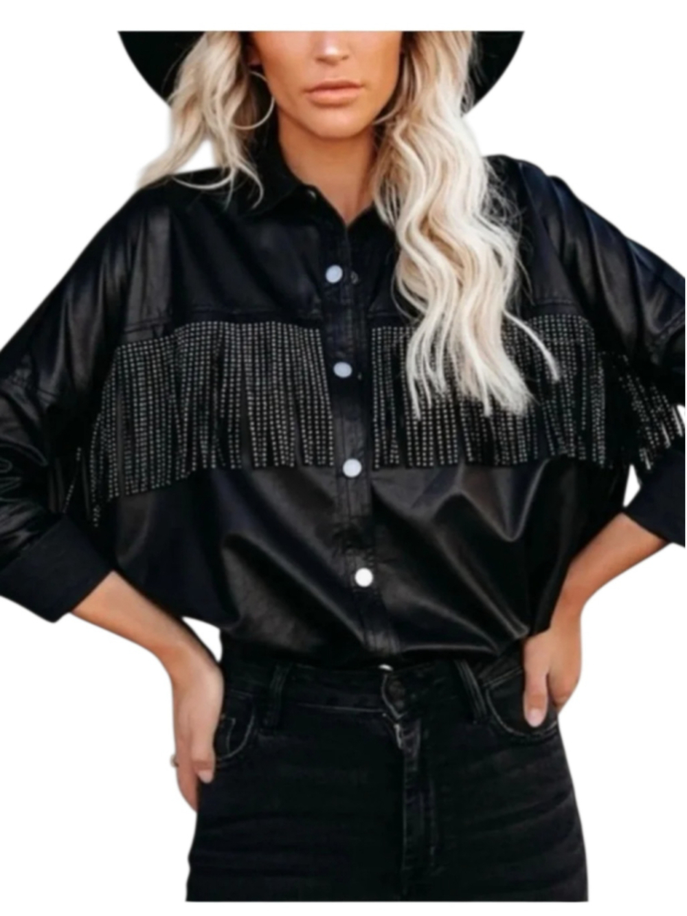 VICI Black Faux Leather Rhinestone Fringe Button Down Shirt Size Small